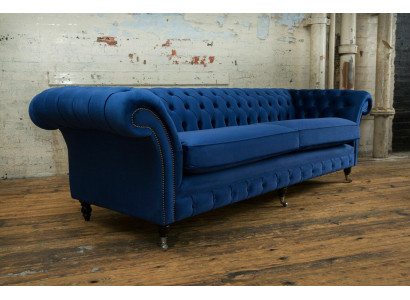 Classic Chesterfield Couch 4 Seater Sofa Couch Velvet Leather Blue Design Upholstery