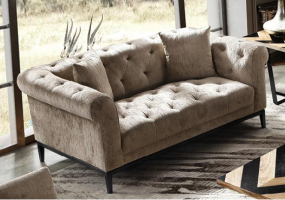 Cozy beige Chesterfield three seater living room couch