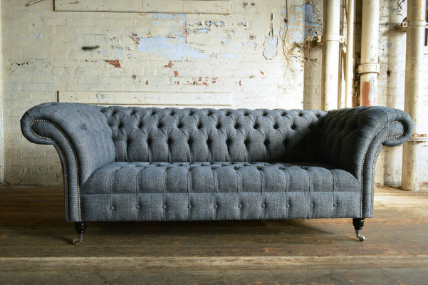Gray textile Chesterfield three-seater luxury 3-seater couch designer sofa