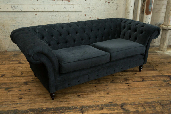 Stylish Black Chesterfield Sofa Designer 3-Seater Luxury Couch