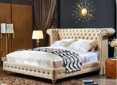 Classic s Bedroom Bed Beige Textile Leather Upholstery Double bed 180x200cm