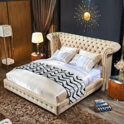 Classic s Bedroom Bed Beige Textile Leather Upholstery Double bed 180x200cm