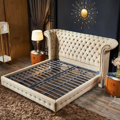 Classic s Bedroom Bed Beige Textile Leather Upholstery Double bed 180x200cm