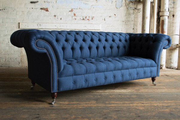 Blue Textile Chesterfield 4-Seater Designer Upholstery Sofa