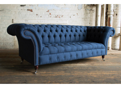 Blue Textile Chesterfield 4-Seater Designer Upholstery Sofa