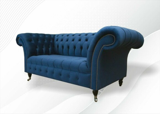 Design Chesterfield Sofa set 2 Seater Couch Textile Blue Upholstery Sofas Blue e