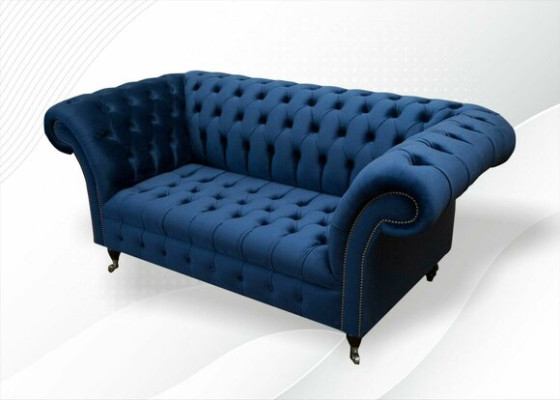 Design Chesterfield Sofa set 2 Seater Couch Textile Blue Upholstery Sofas Blue e