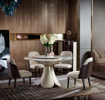 Dining table 6x Chairs Dining room Leather Table Chair Round Modern Design Furniture