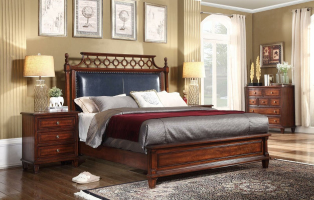 Real wood Bed Leather 3pcs. Set Chest of drawers Bedroom Wilhelminian Style Suite Group