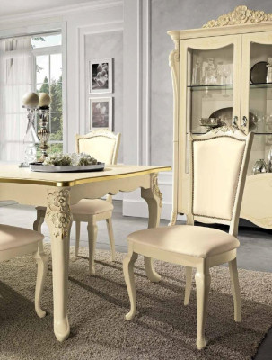 Dining room Beige Dining table 4x Chairs Chest of drawers Display case Group Suite Furniture 7pcs