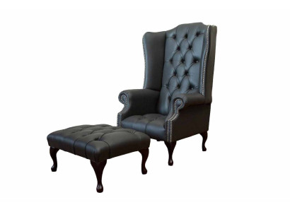 Armchair with Stool Designer upholstered armchair Chesterfield wing chair new