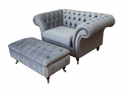 Chesterfield Wing Chair Stool Armchair Couch Upholstery Set Gray Textile