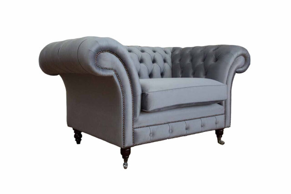 Chesterfield Wing Chair Stool Armchair Couch Upholstery Set Gray Textile