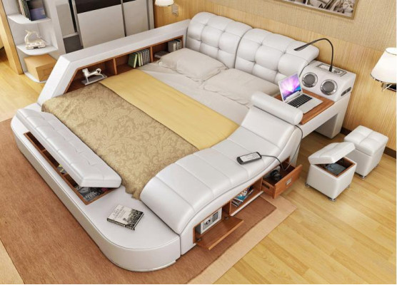 Double Luxury Leather Bed + USB Upholstery Beds Modern Hotel Multifunction Instant