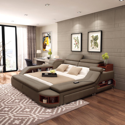 Modern Hotel Multifunction USB Sound Double Design Leather Bed Upholstery