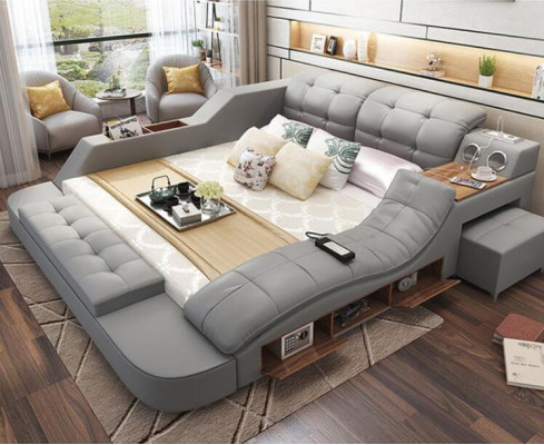 Design Bed XXL Big Beds Leather Upholstery Hotel 180x200cm Multifunction Shelf new