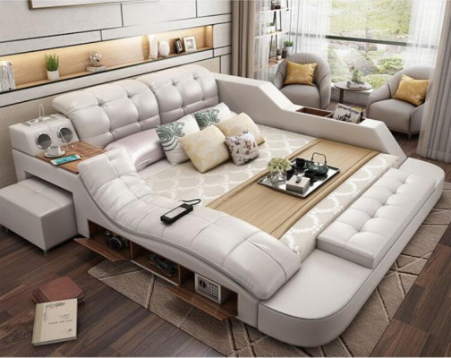 Design Bed XXL Big Beds Leather Upholstery Hotel 180x200cm Multifunction Shelf new