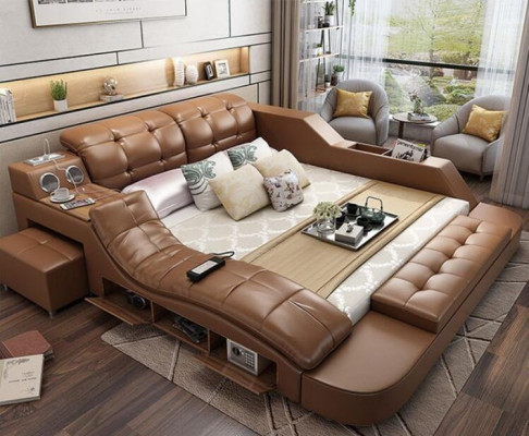 Design Bed XXL Big Beds Leather Upholstery Hotel 180x200cm Multifunction Shelf new