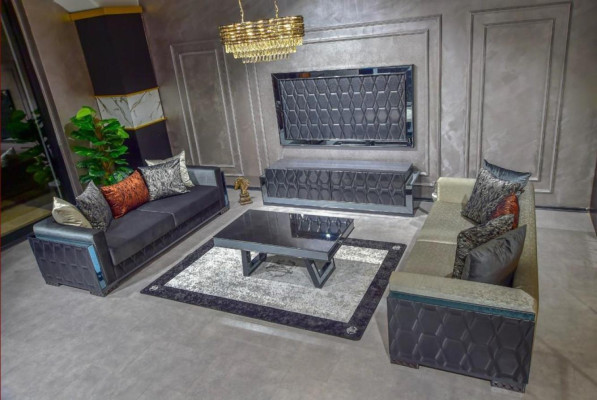 Sofa 3 Seater Luxury Furniture Living room Three Seater Gray Metal with Textile