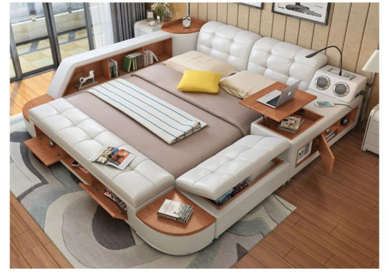 Multifunction Bedroom Lounger Shelves Luxury Bed Leather Beds 180x200