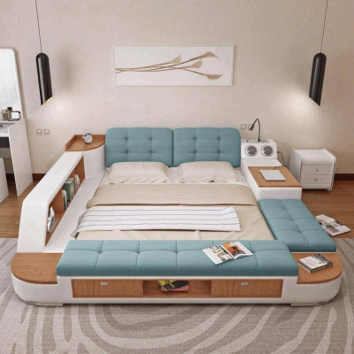 Multifunction Bedroom Lounger Shelves Luxury Bed Leather Beds 180x200