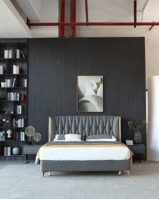 Hotel Luxury Design Beds Upholstery Metal Leather Bedroom stainless steel