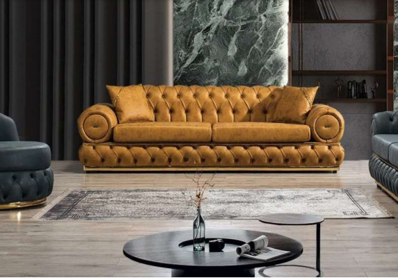 Sofa 3 Seater Chesterfield Upholstery Sofas Three Seater Leather Living room Blue Furniture