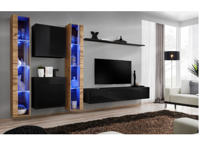 Wall unit wall cabinet Modern Design TV lowboard Black Living room furniture Complete