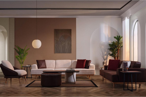 Stylish Brown and White Sofa set Living room Armchair Coffee table Stool