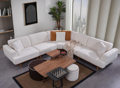 White Living room 6-piece set Designer Upholstery Corner sofa 2x Stool Coffee table