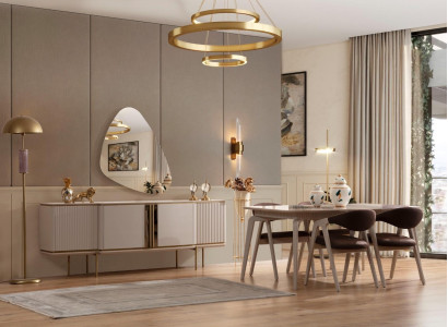 Wooden furniture Designer Dining room set Beige Dining table 4X Chairs Sideboard