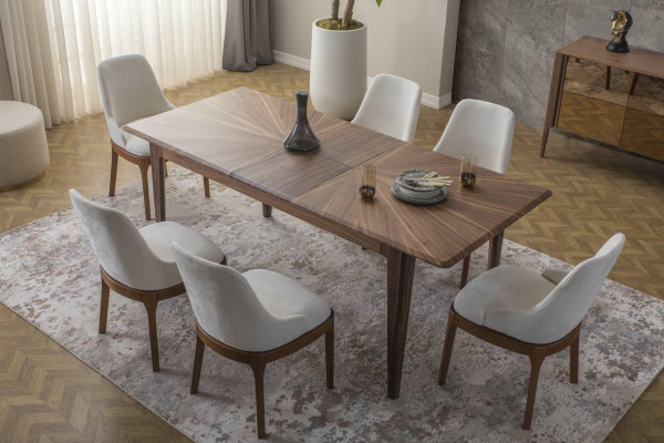 Dining room set Brown dining table Luxurious white 6x upholstered chairs 7 pieces