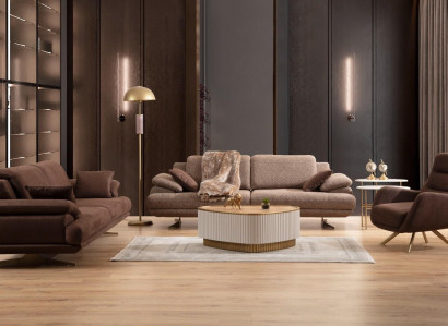 Brown Living room Sofas Designer 3+3+1 Seater Suite Single Seater 3pcs