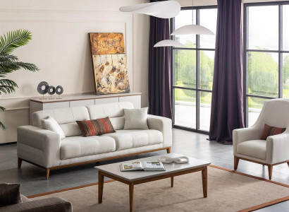 White exclusive Living room Textile Suite 3-Seater Luxury Armchair 2-piece