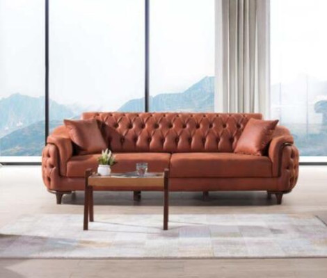 Orange Chesterfield Couch Three Seater Sofa Furniture Velvet Wood Seat Pad