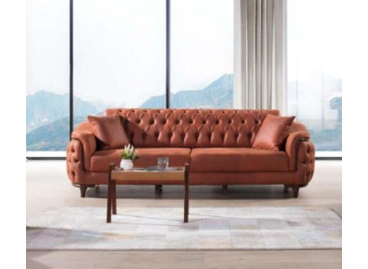 Orange Chesterfield Couch Three Seater Sofa Furniture Velvet Wood Seat Pad