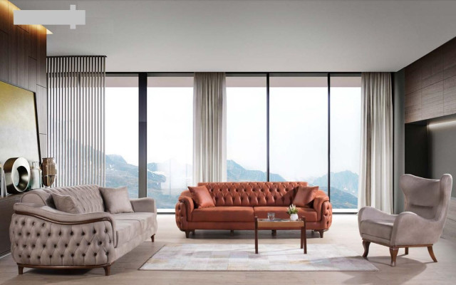 Orange Chesterfield Couch Three Seater Sofa Furniture Velvet Wood Seat Pad