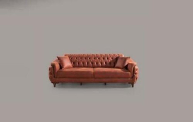 Orange Chesterfield Couch Three Seater Sofa Furniture Velvet Wood Seat Pad