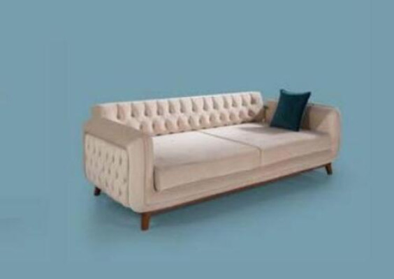 Three Seater Sofa Upholstered Couch Fabric Furniture Beige White Velvet