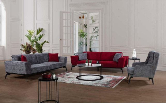 Modern Sofa 3 Seater Textile Burgundy Couch Upholstery Three Seater Red