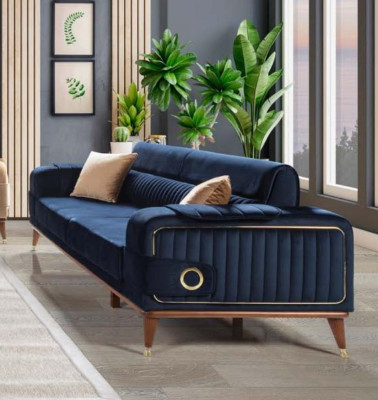 Luxury Blue e Couch Three Seater Design Sofas Furniture Fabric Textile Velvet