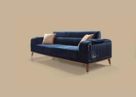 Luxury Blue e Couch Three Seater Design Sofas Furniture Fabric Textile Velvet