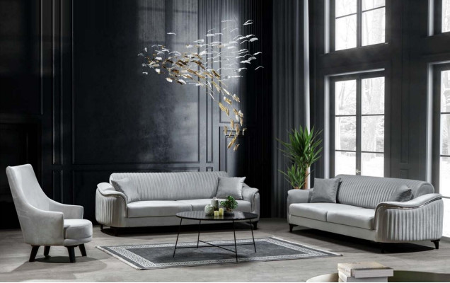 Gray Couch Living room Three Seater Seat Cushion Sofa Furniture Velvet Wood