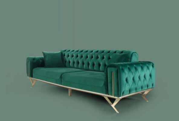 Green Chesterfield Couch Three Seater Seat Cushion Sofa Furniture Velvet Wood