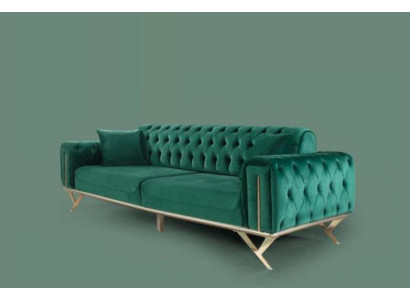 Green Chesterfield Couch Three Seater Seat Cushion Sofa Furniture Velvet Wood