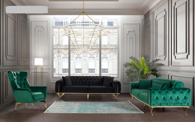 Green Chesterfield Couch Three Seater Seat Cushion Sofa Furniture Velvet Wood