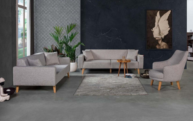 Living room Couch Three Seater Sofa 3 Seat Upholstery Textile Gray Furniture