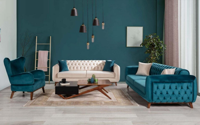 Armchair 1 Seater Design Living room Upholstery Wood Modern Turquoise