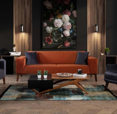 Orange three-seater couch, elegant sofa, seating furniture, living room, velvet