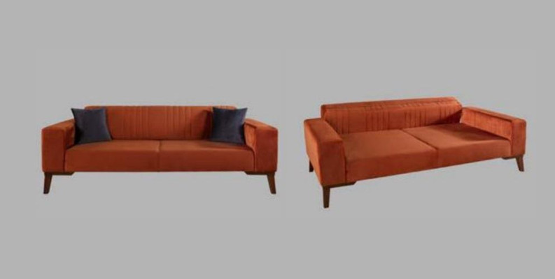 Orange three-seater couch, elegant sofa, seating furniture, living room, velvet